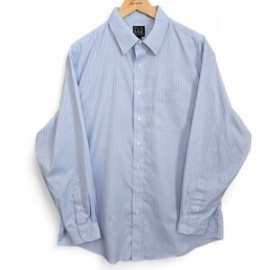 Jos A Bank Dress Shirt Mens 17.5 35 Blue Striped Traveler Button Tailored Fit